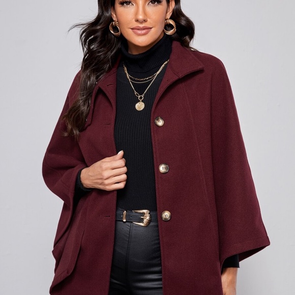 mock neck button cape pea coat cloak sleeve wine - Picture 5 of 10